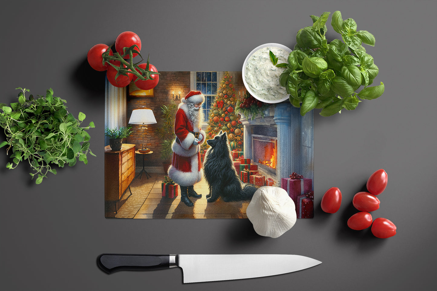 Belgian Sheepdog and Santa Claus Glass Cutting Board