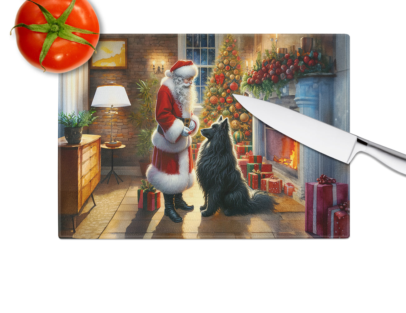 Belgian Sheepdog and Santa Claus Glass Cutting Board