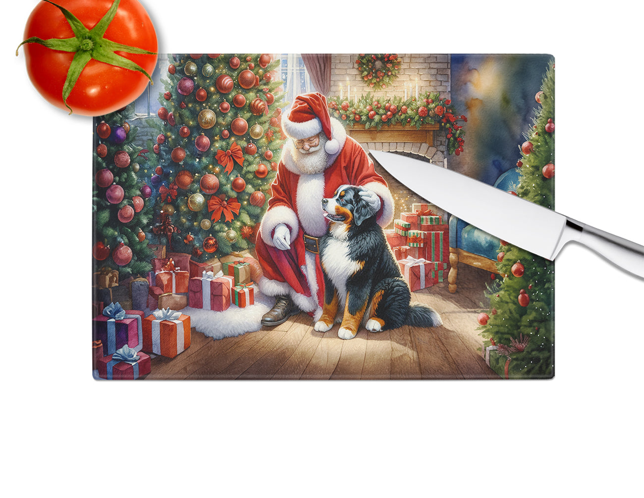 Bernese Mountain Dog and Santa Claus Glass Cutting Board