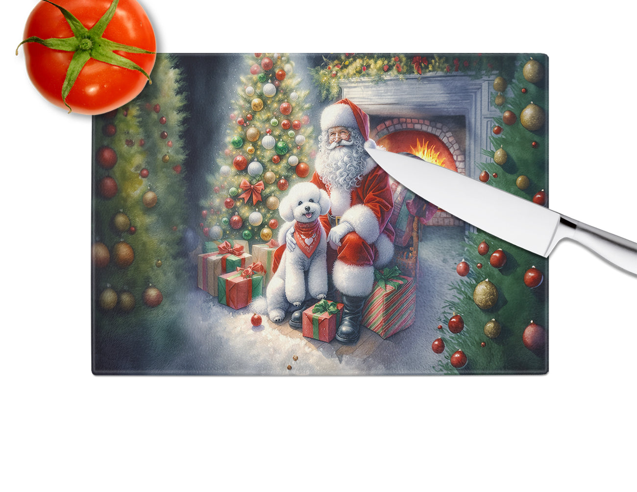 Bichon Frise and Santa Claus Glass Cutting Board