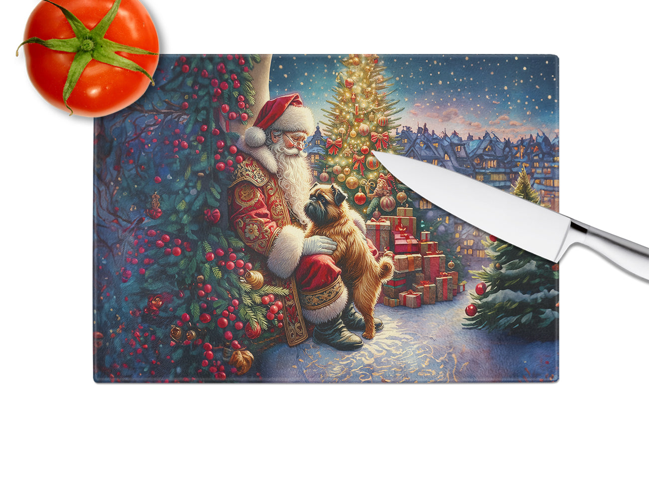 Brussels Griffon and Santa Claus Glass Cutting Board