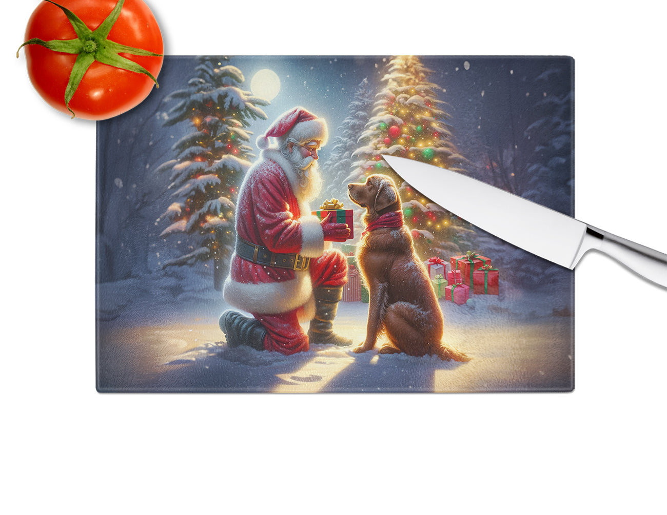 Chesapeake Bay Retriever and Santa Claus Glass Cutting Board