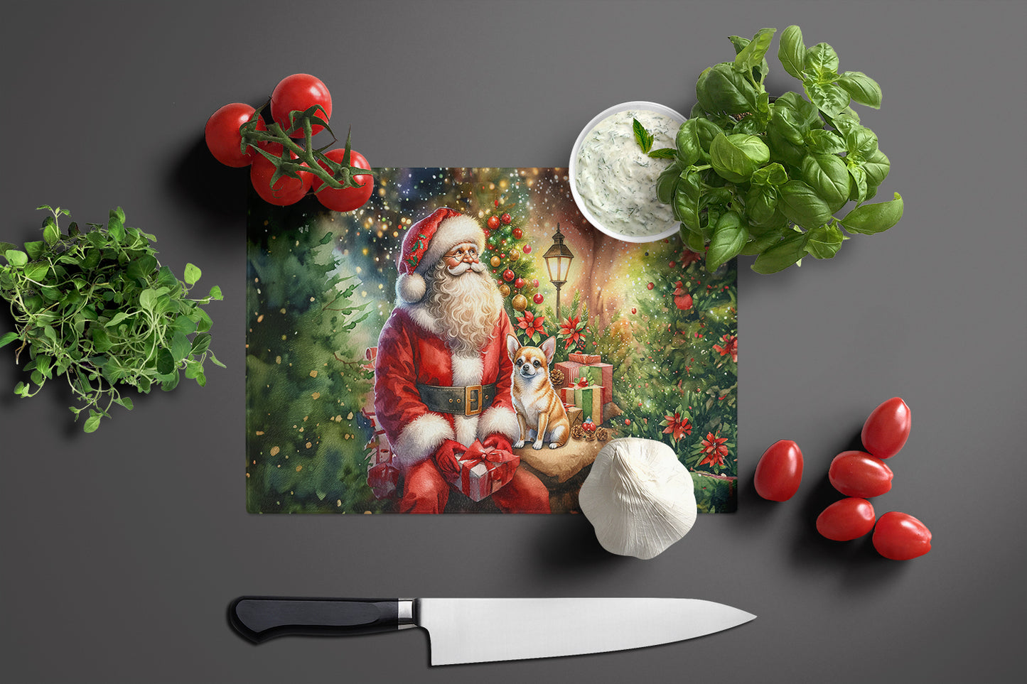 Chihuahua and Santa Claus Glass Cutting Board