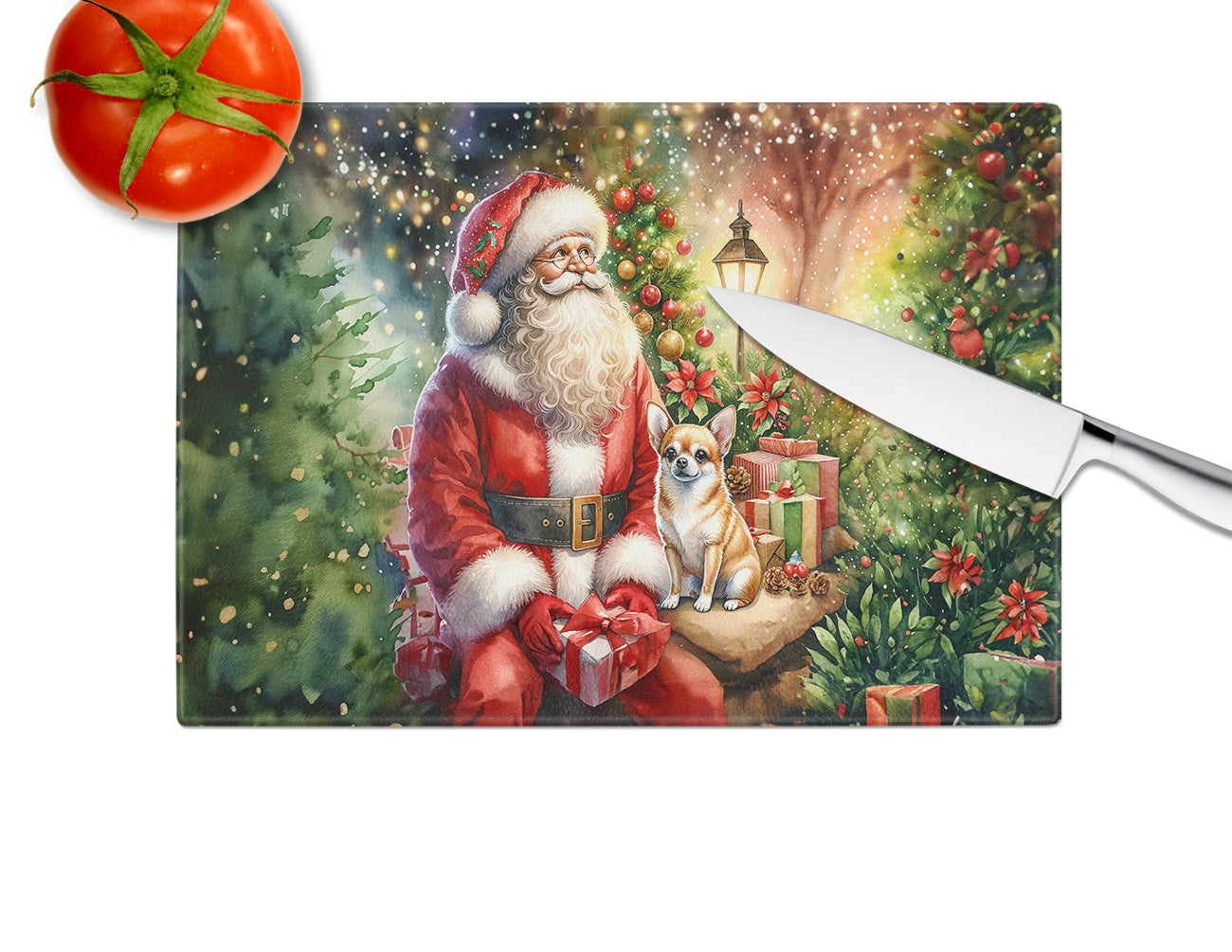 Chihuahua and Santa Claus Glass Cutting Board