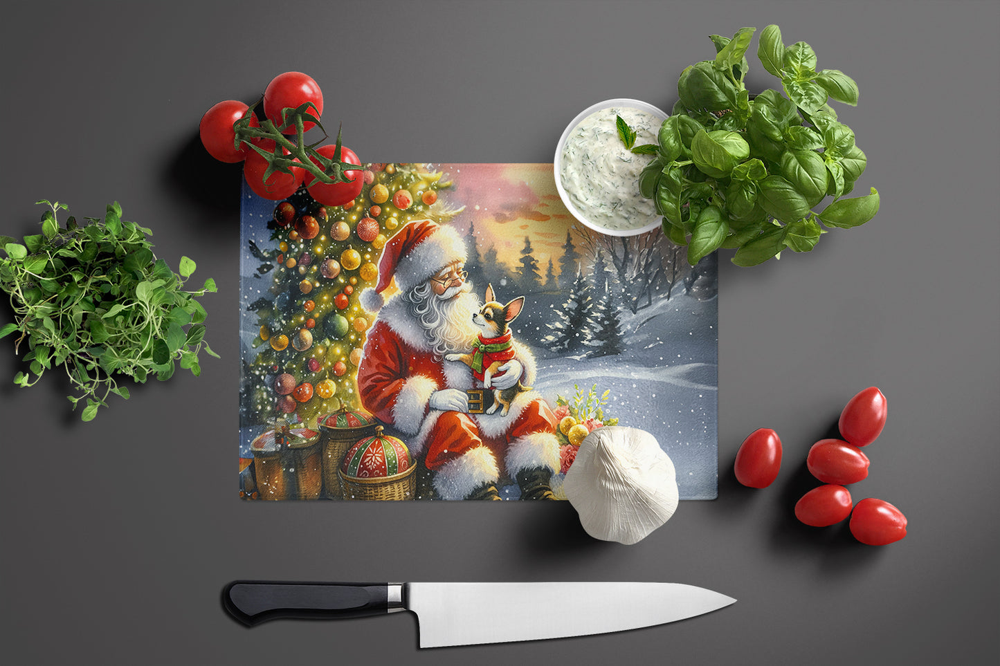 Chihuahua and Santa Claus Glass Cutting Board