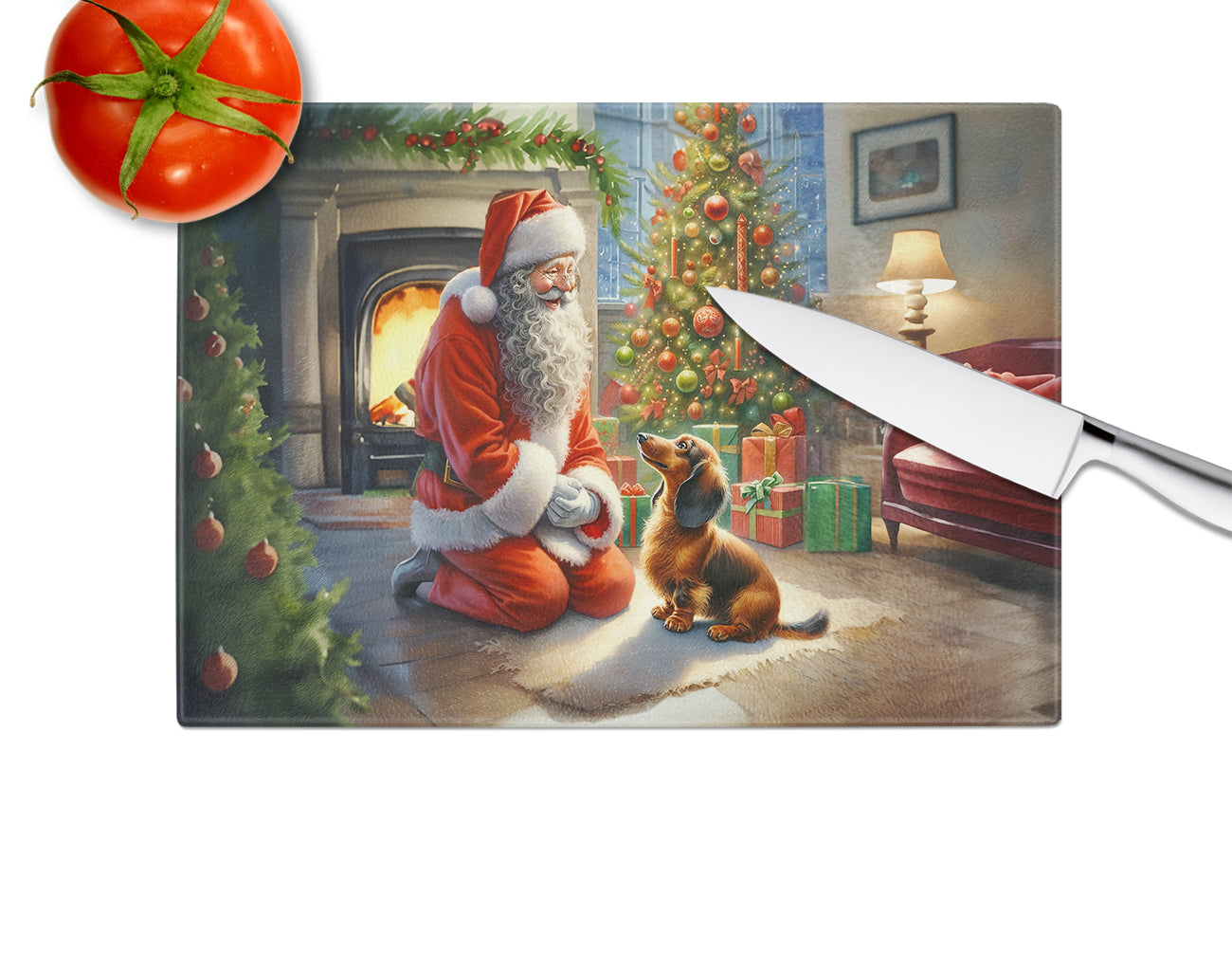 Dachshund and Santa Claus Glass Cutting Board