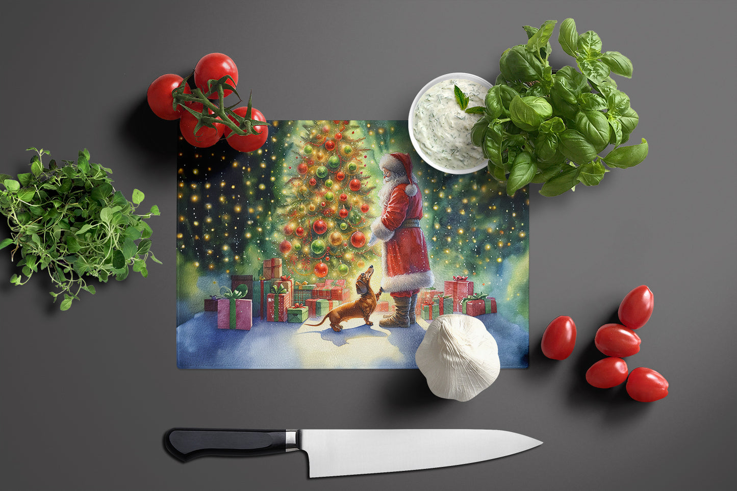 Dachshund and Santa Claus Glass Cutting Board