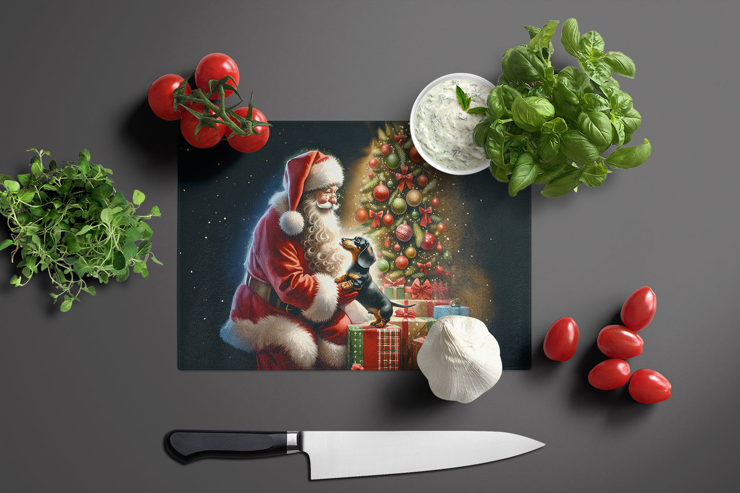 Dachshund and Santa Claus Glass Cutting Board