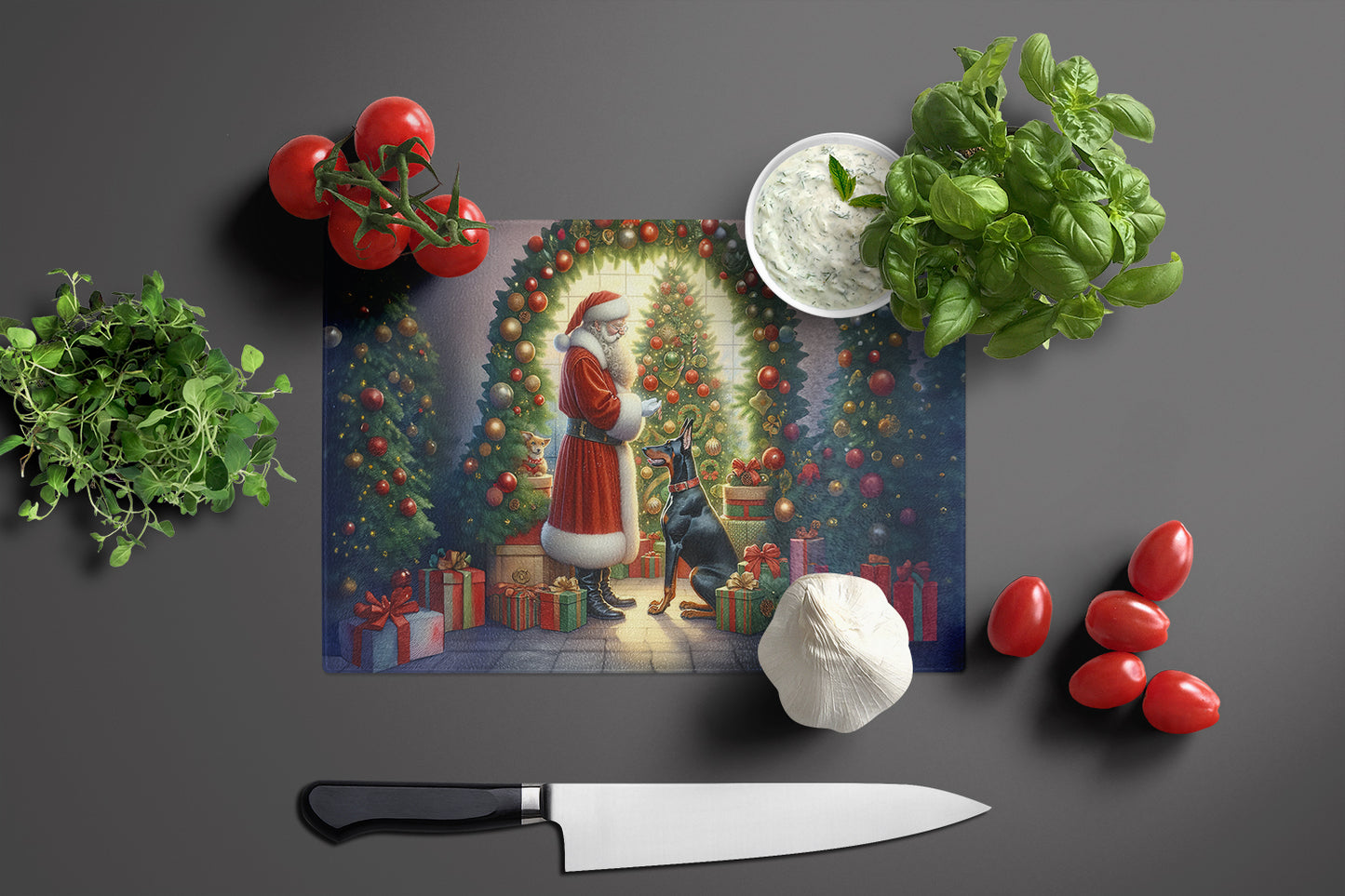 Doberman Pinscher and Santa Claus Glass Cutting Board