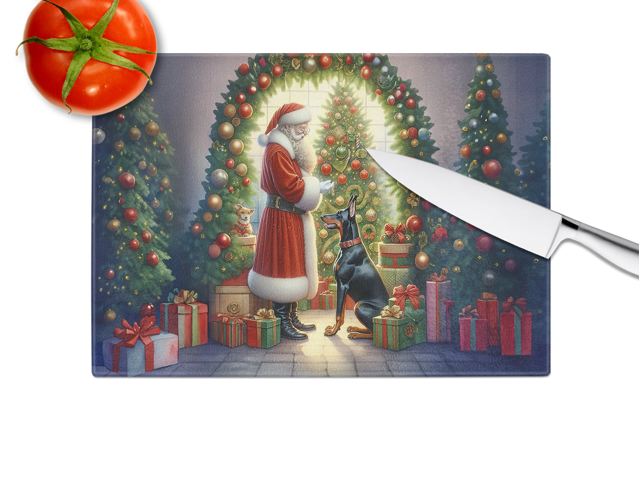 Doberman Pinscher and Santa Claus Glass Cutting Board