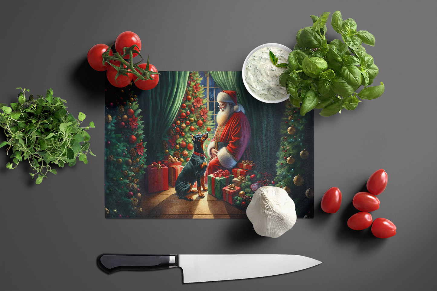 Doberman Pinscher and Santa Claus Glass Cutting Board