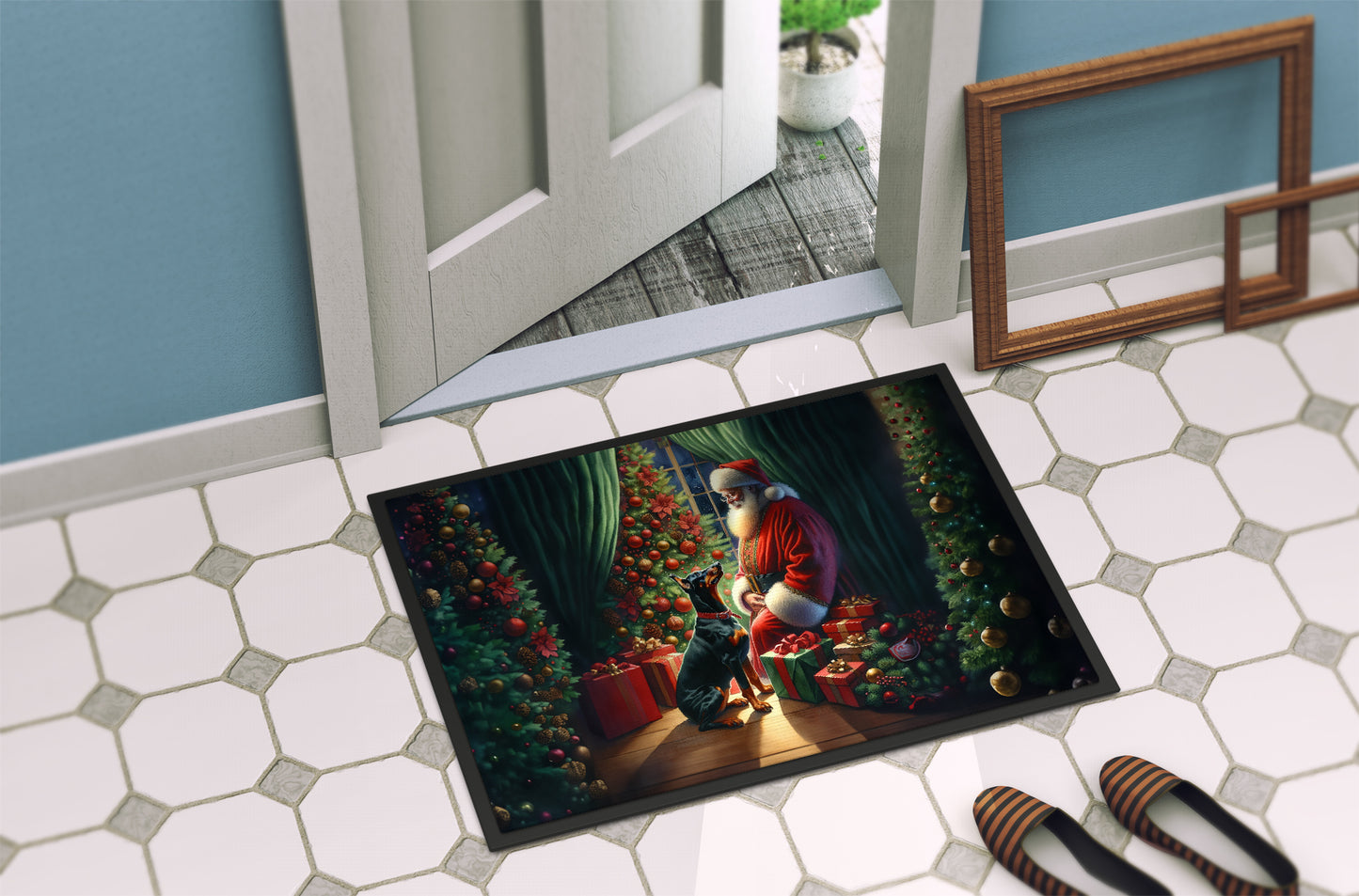 Doberman Pinscher and Santa Claus Doormat