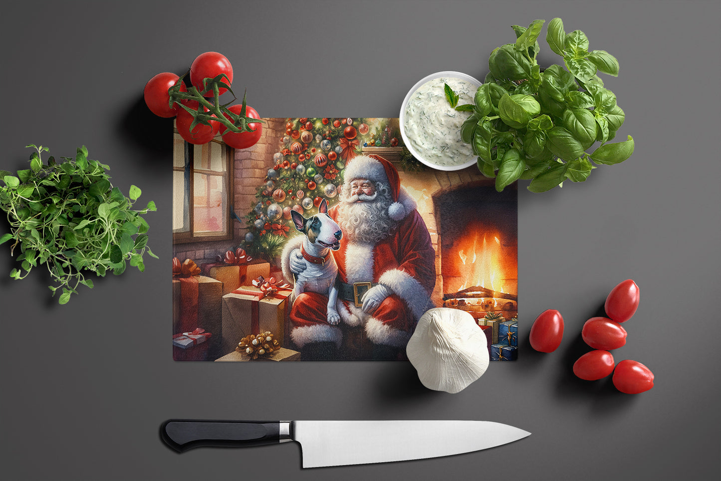 English Bull Terrier and Santa Claus Glass Cutting Board