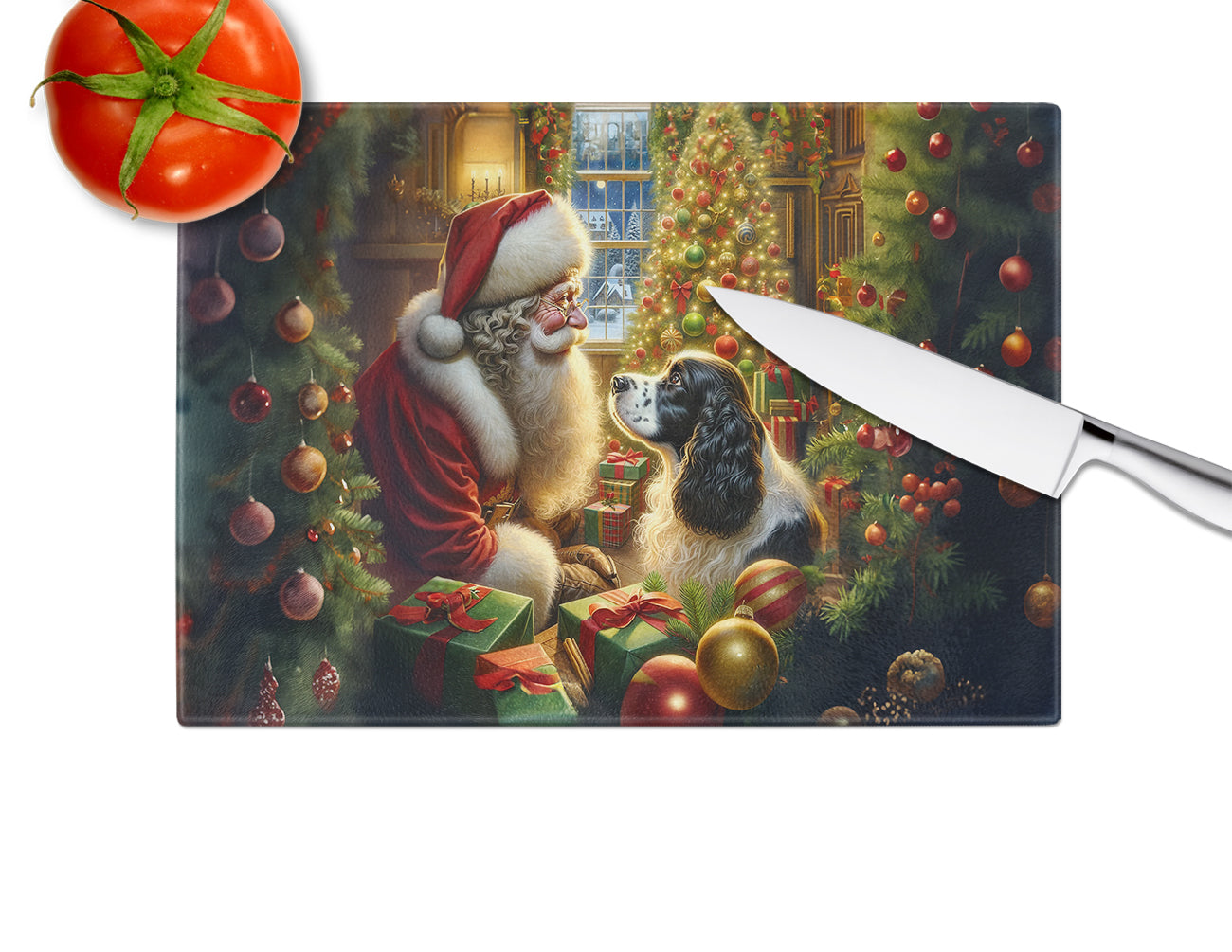 English Springer Spaniel and Santa Claus Glass Cutting Board