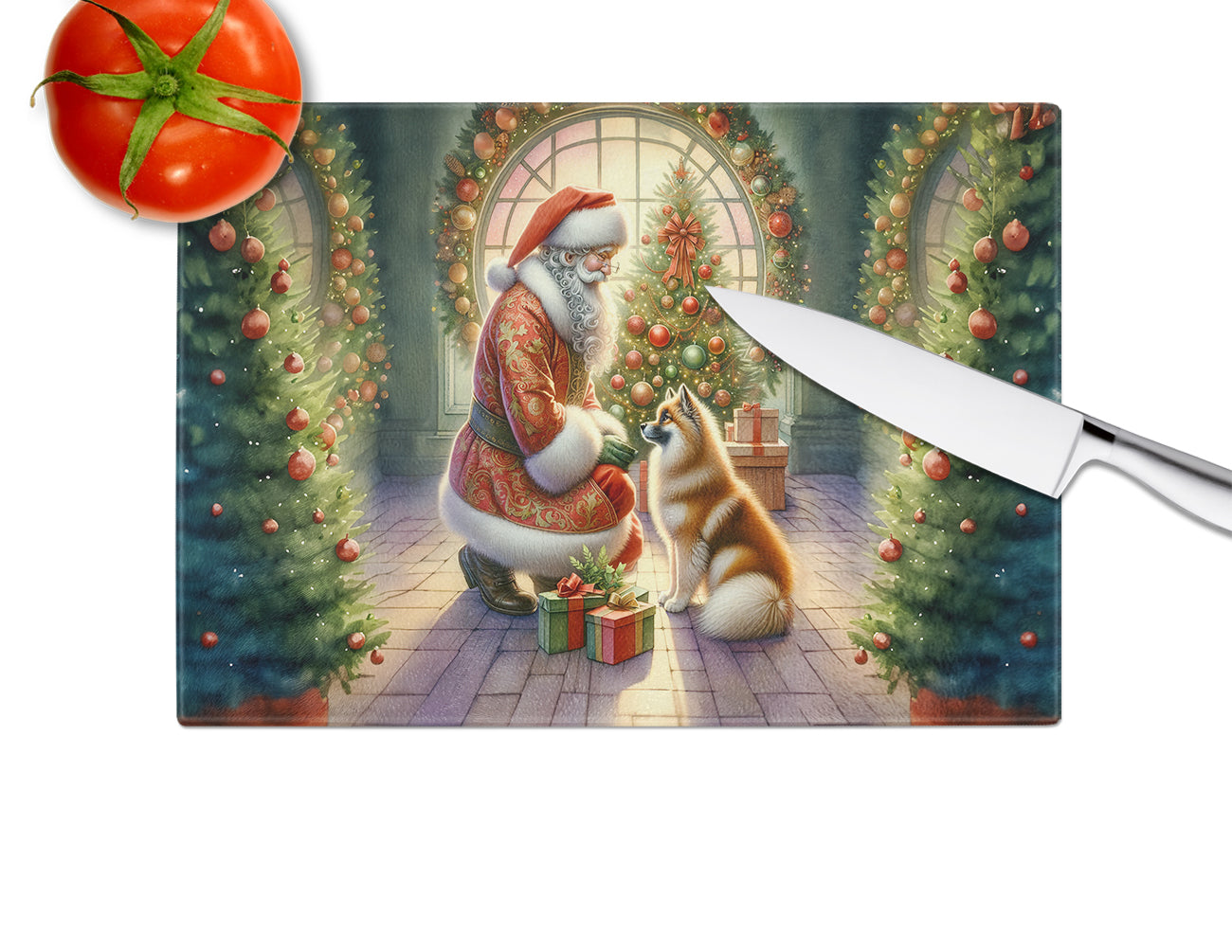 Finnish Spitz and Santa Claus Glass Cutting Board