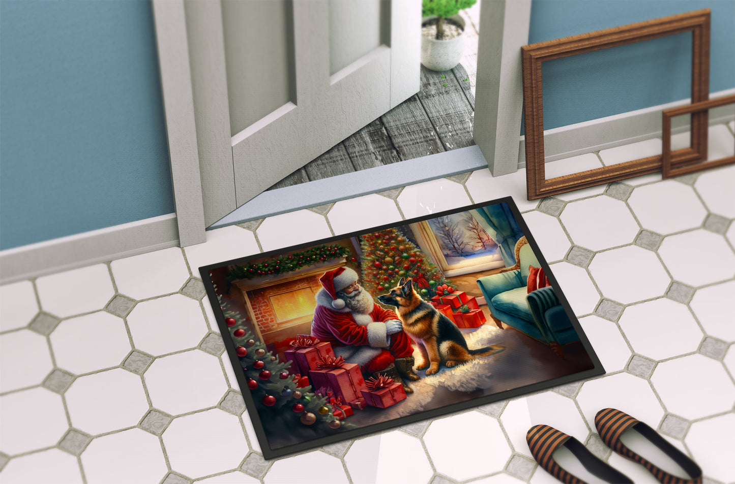 German Shepherd and Santa Claus Doormat