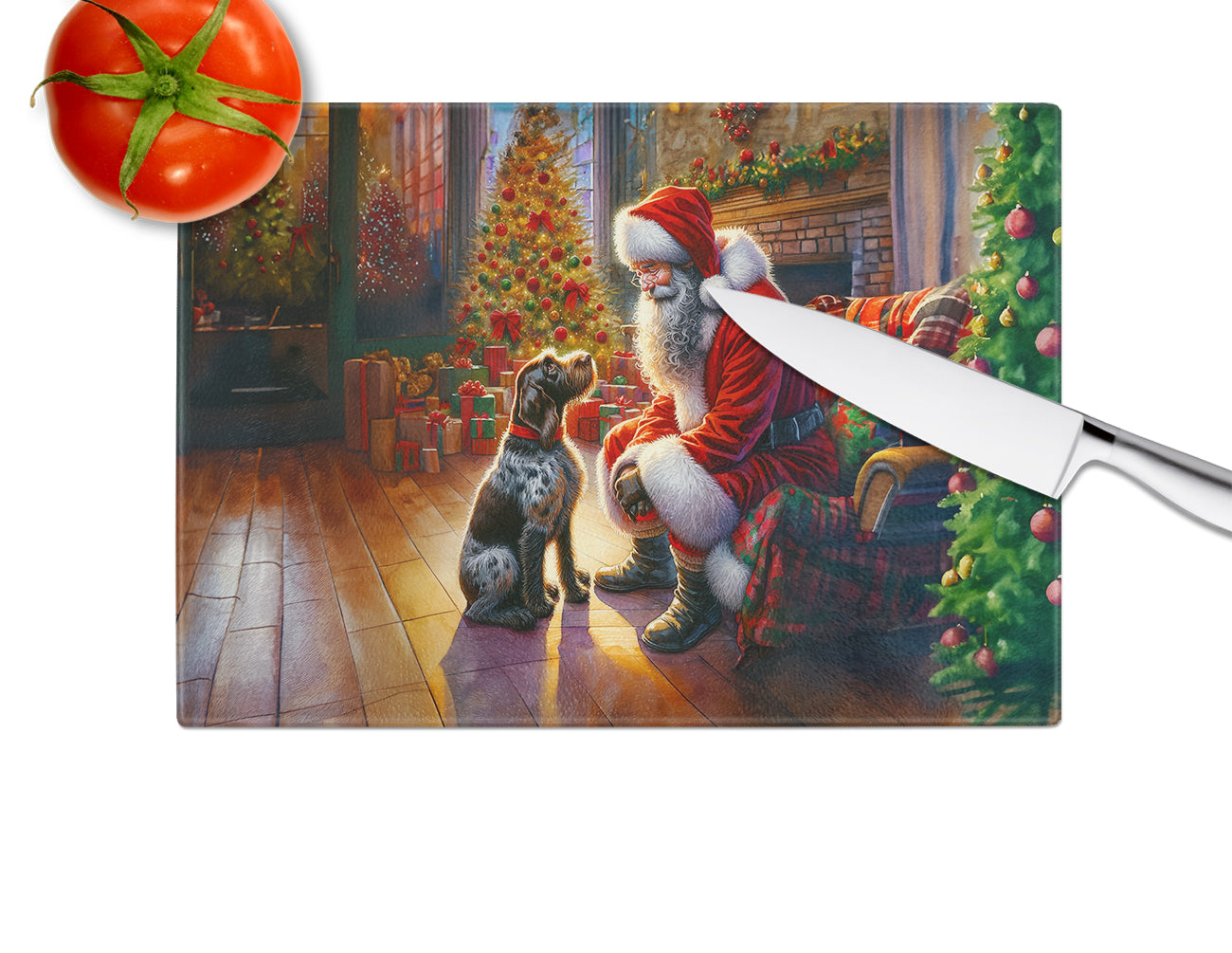 German Wirehaired Pointer and Santa Claus Glass Cutting Board