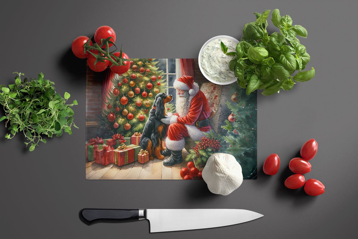 Gordon Setter and Santa Claus Glass Cutting Board