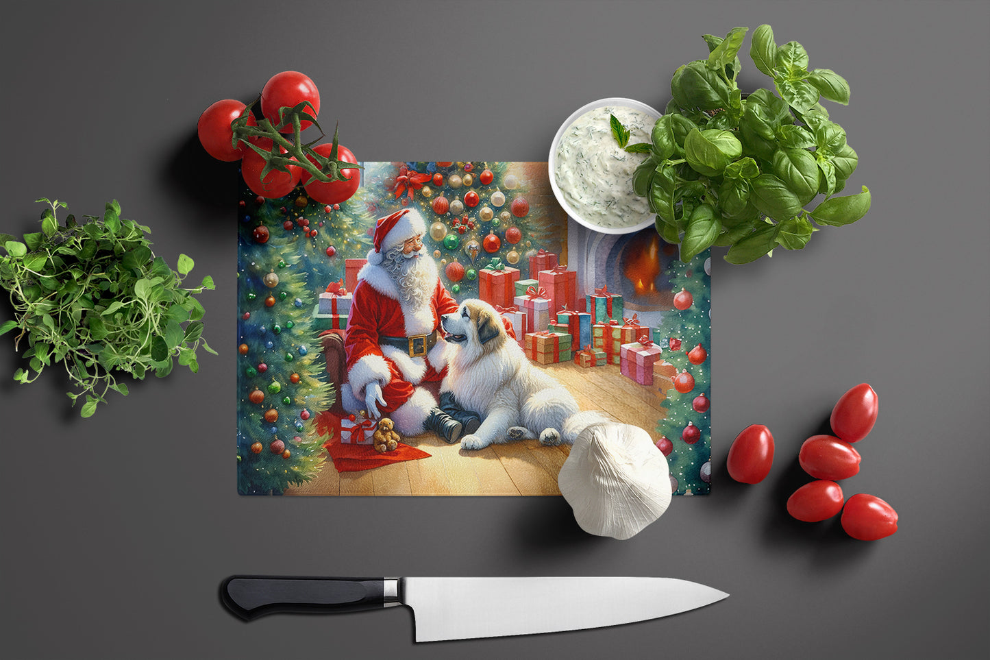 Great Pyrenees and Santa Claus Glass Cutting Board