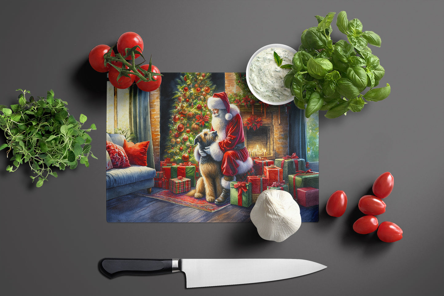 Irish Wolfhound and Santa Claus Glass Cutting Board