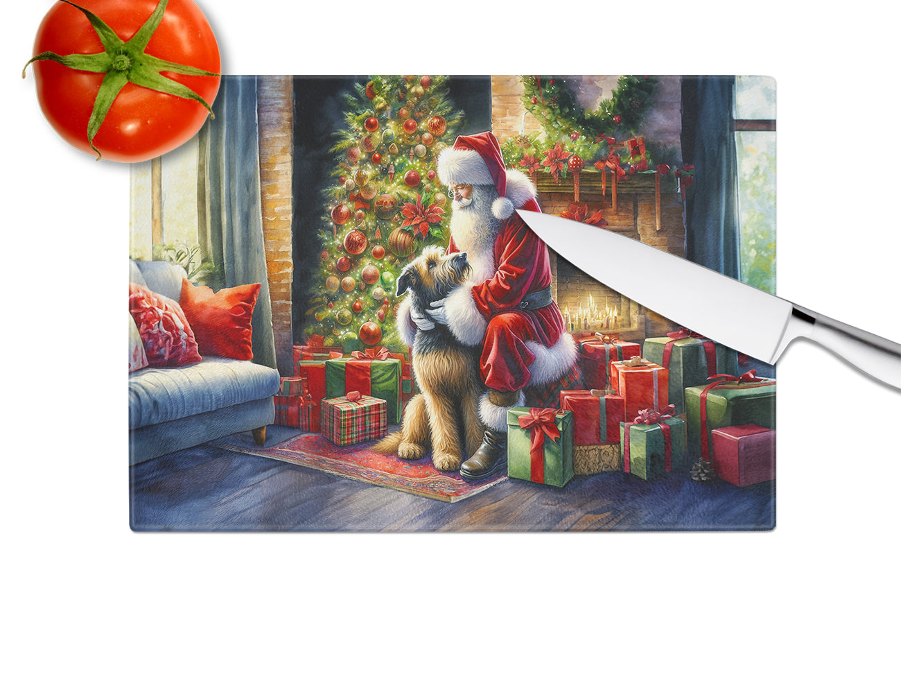 Irish Wolfhound and Santa Claus Glass Cutting Board