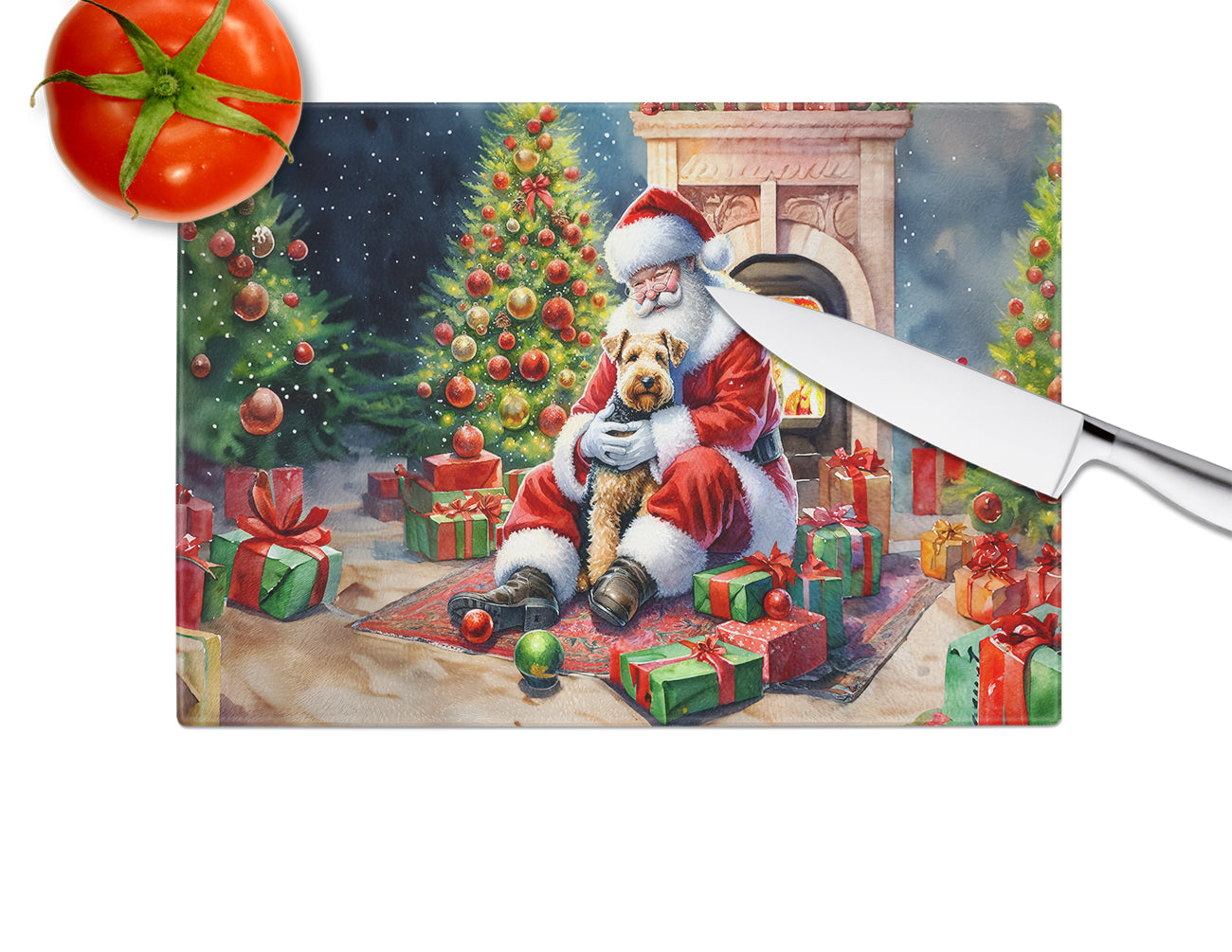 Lakeland Terrier and Santa Claus Glass Cutting Board