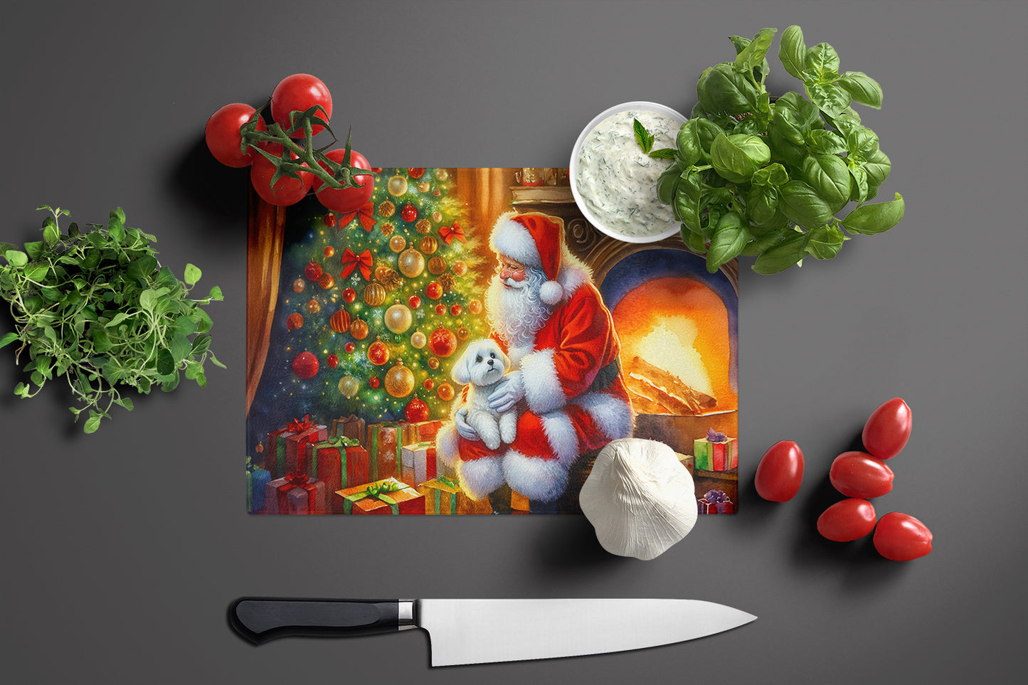 Maltese and Santa Claus Glass Cutting Board