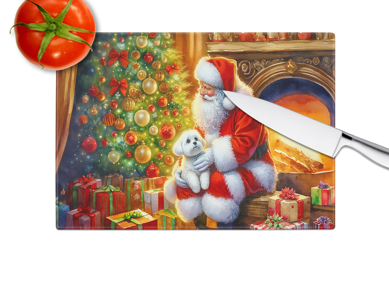 Maltese and Santa Claus Glass Cutting Board