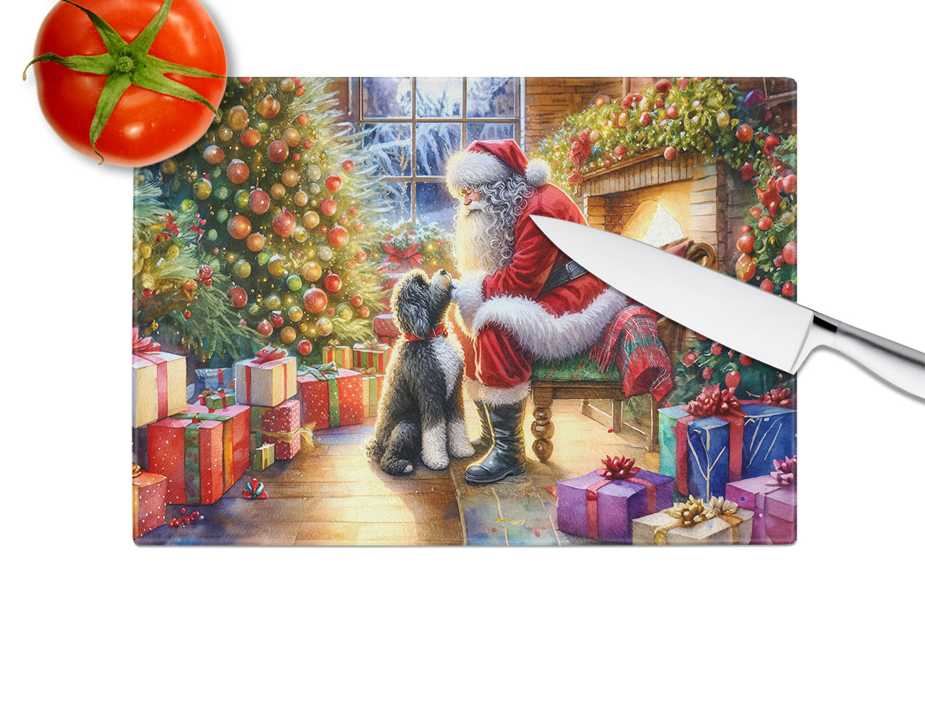 Portuguese Water Dog and Santa Claus Glass Cutting Board