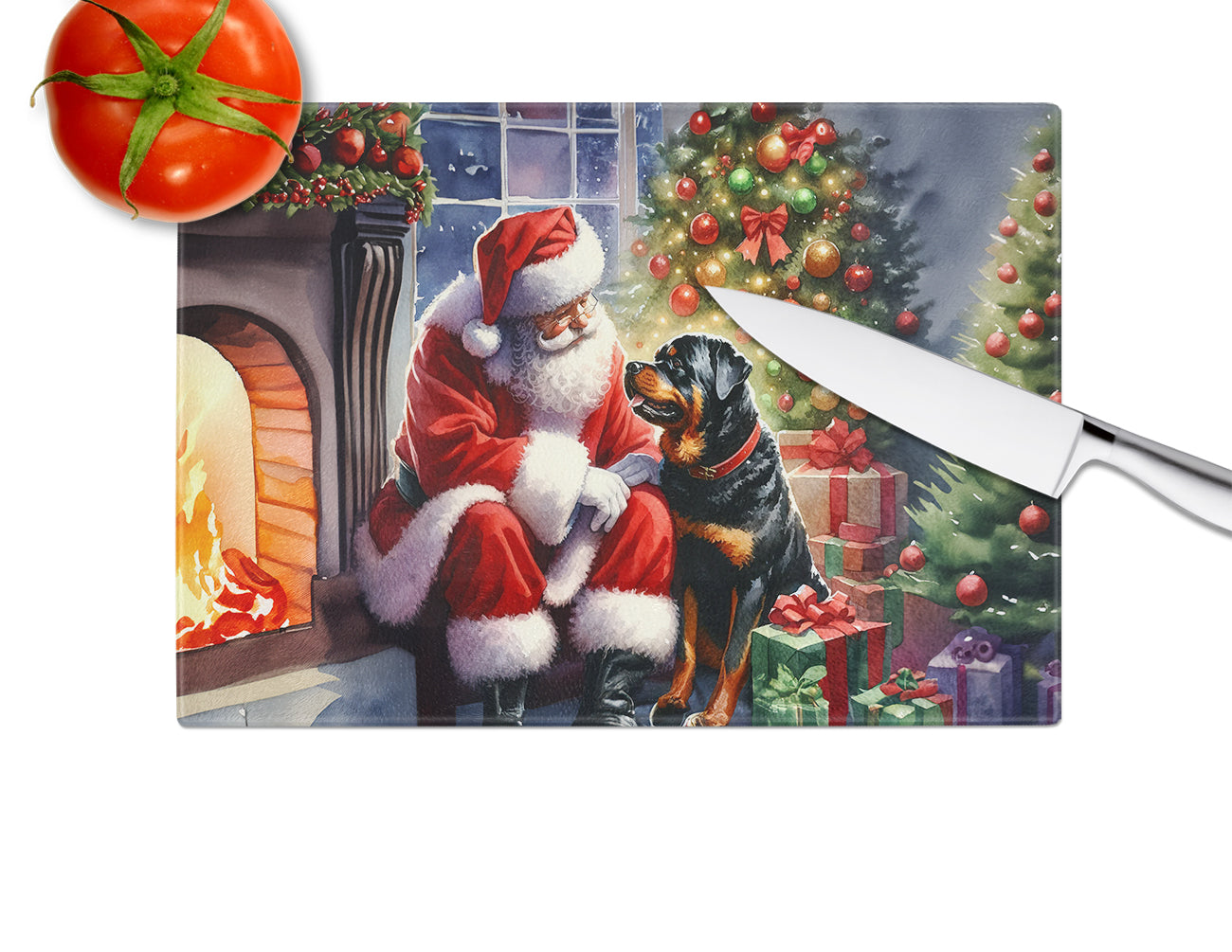 Rottweiler and Santa Claus Glass Cutting Board