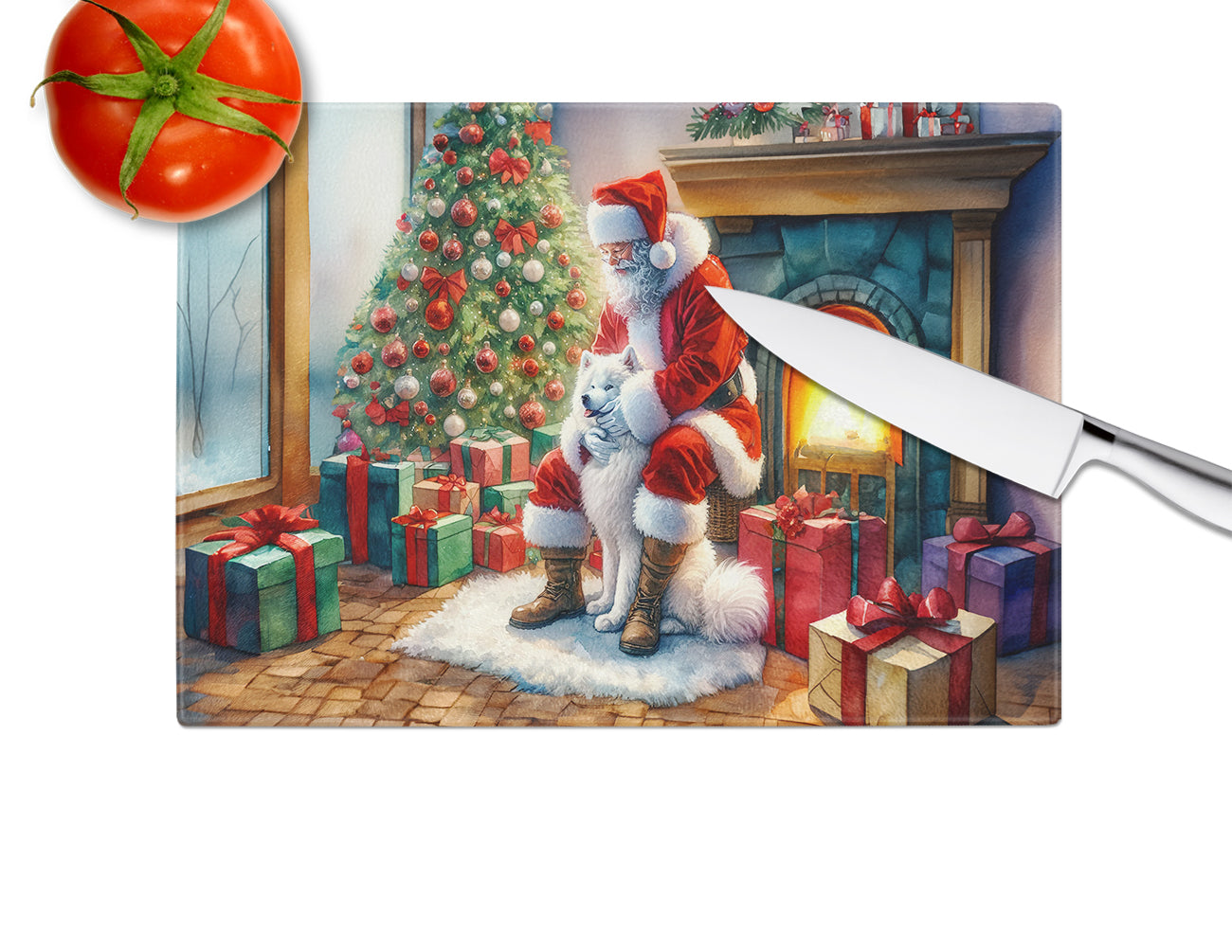 Samoyed and Santa Claus Glass Cutting Board