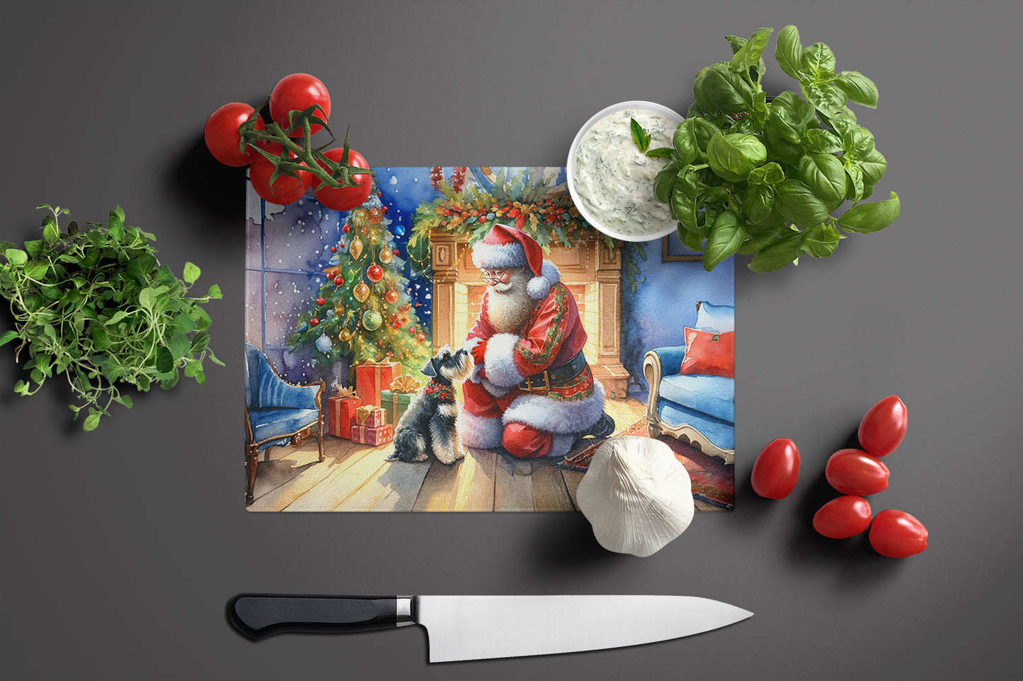 Schnauzer and Santa Claus Glass Cutting Board