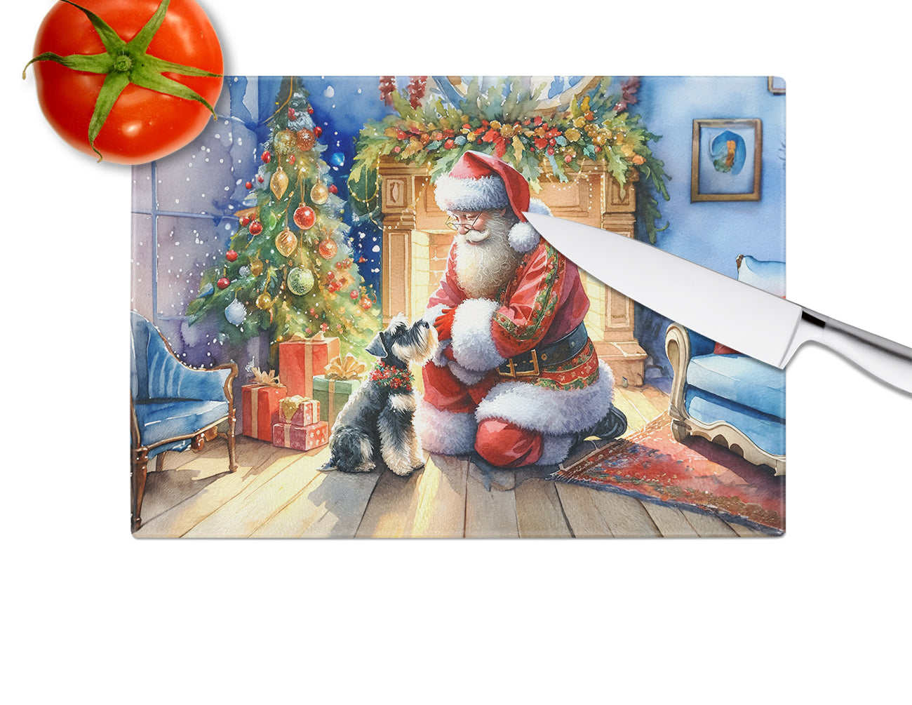 Schnauzer and Santa Claus Glass Cutting Board