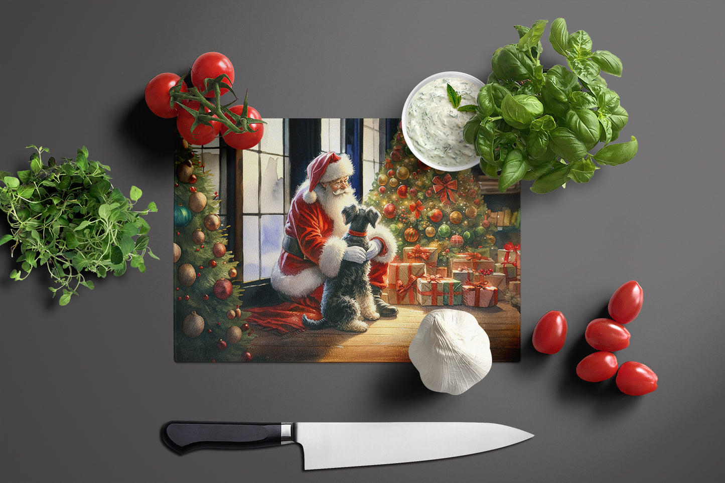 Schnauzer and Santa Claus Glass Cutting Board