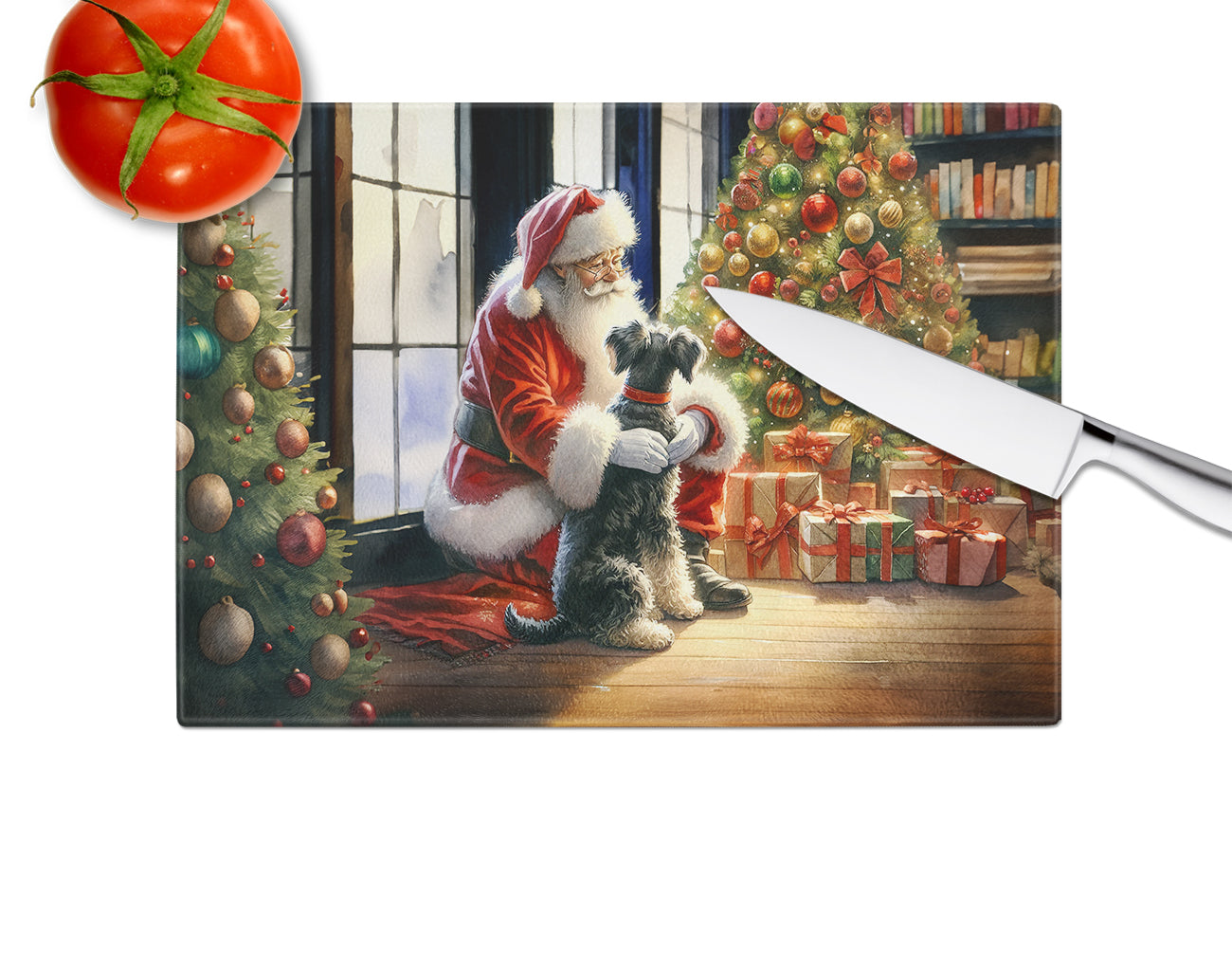 Schnauzer and Santa Claus Glass Cutting Board