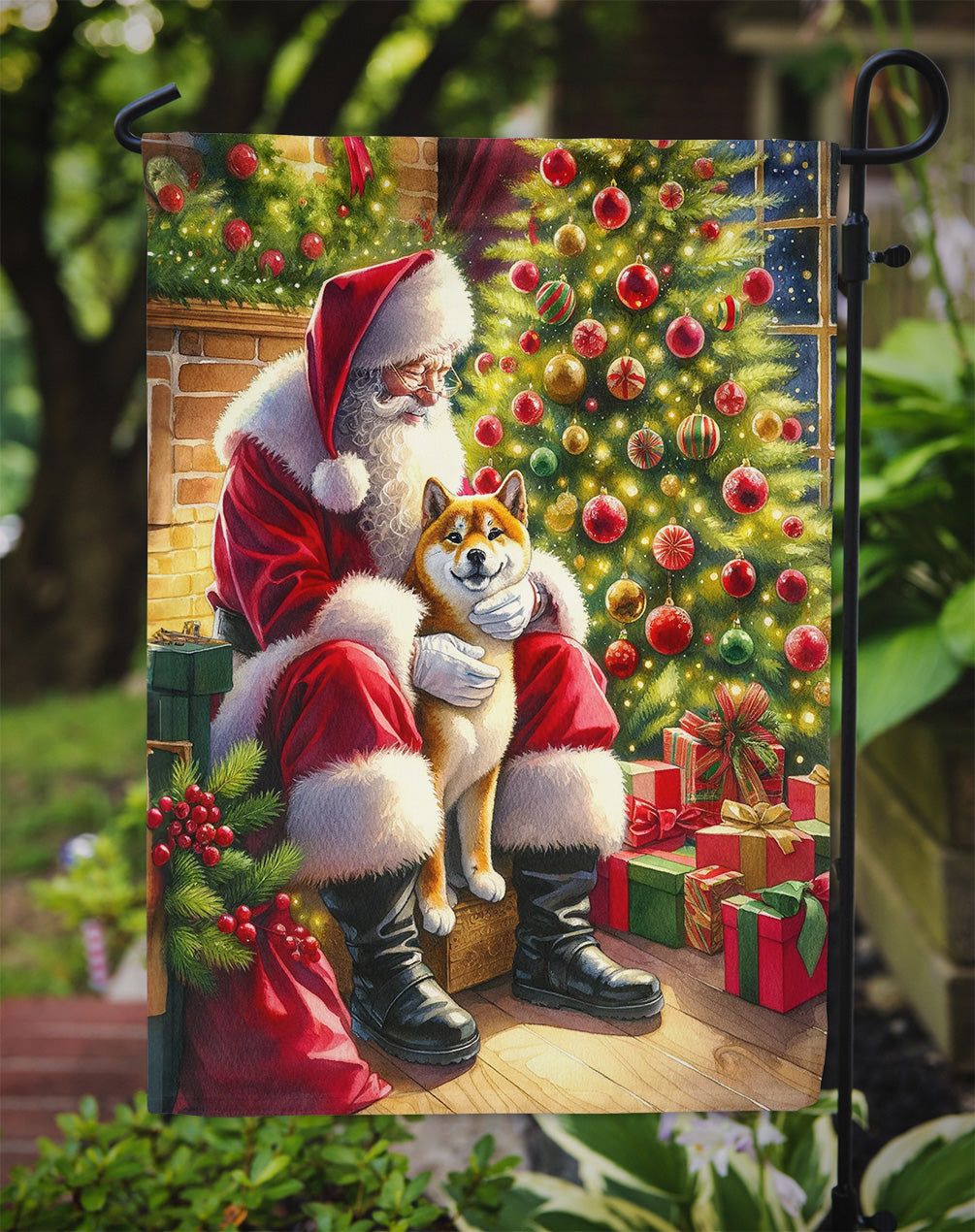 Shiba Inu and Santa Claus Garden Flag