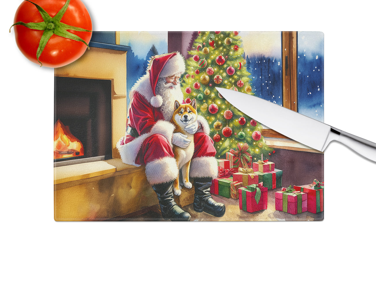 Shiba Inu and Santa Claus Glass Cutting Board