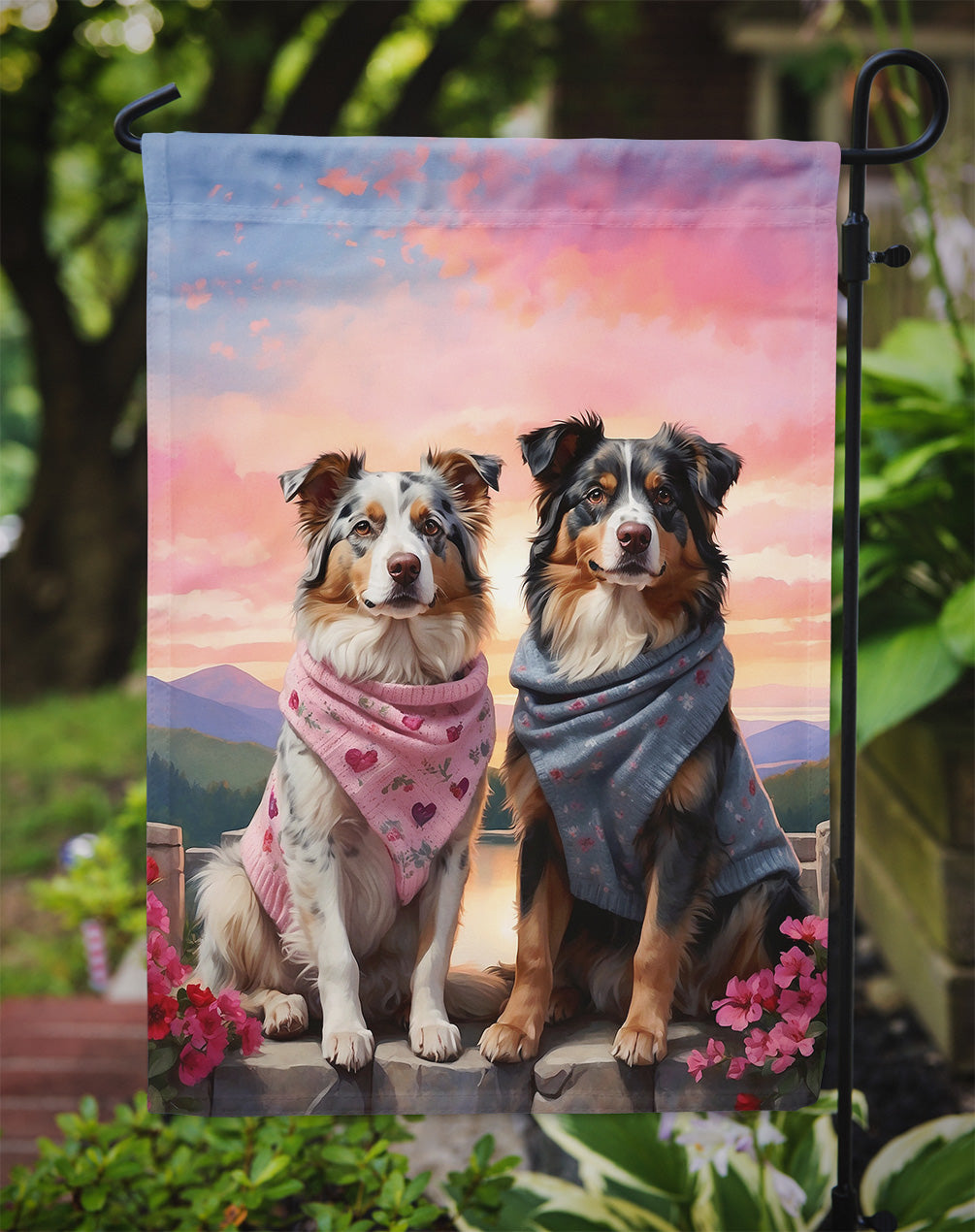 Australian Shepherd Two Hearts Garden Flag