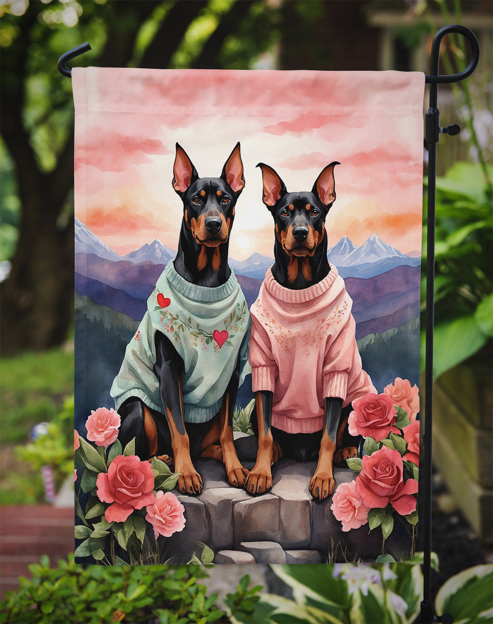 Doberman Pinscher Two Hearts Garden Flag
