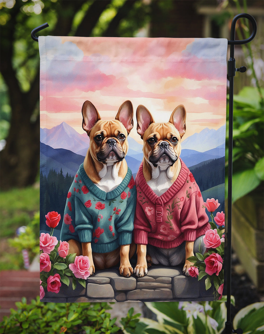 French Bulldog Two Hearts Garden Flag