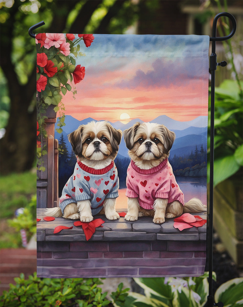 Shih Tzu Two Hearts Garden Flag