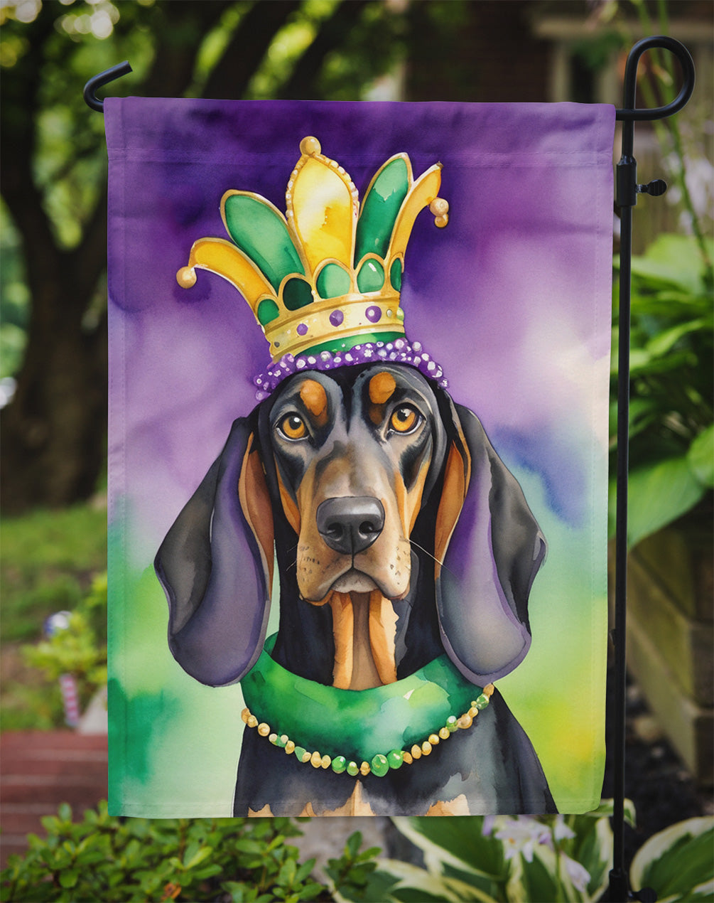 Black and Tan Coonhound King of Mardi Gras Garden Flag