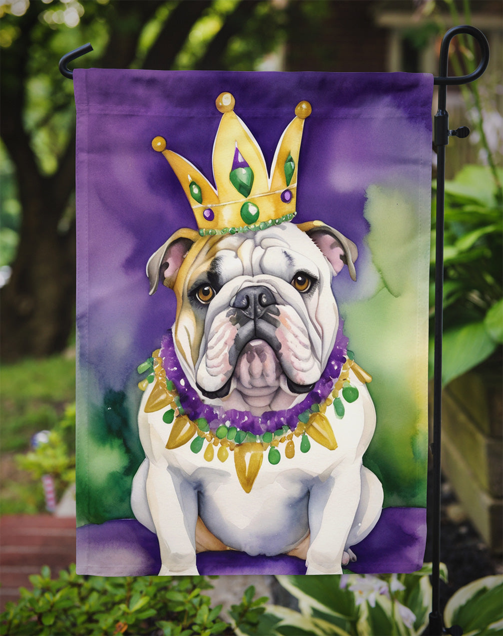 English Bulldog King of Mardi Gras Garden Flag