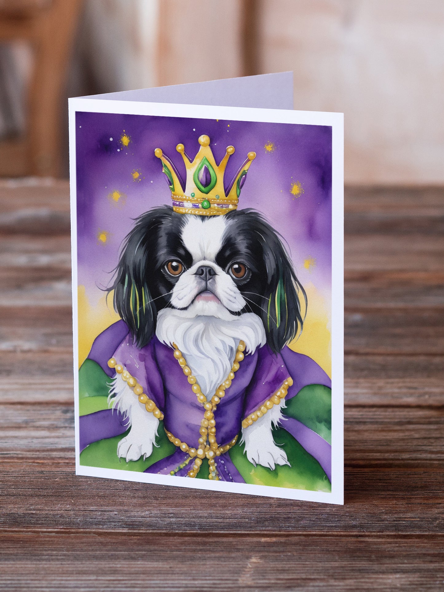 Japanese Chin King of Mardi Gras Greeting Cards Pack of 8