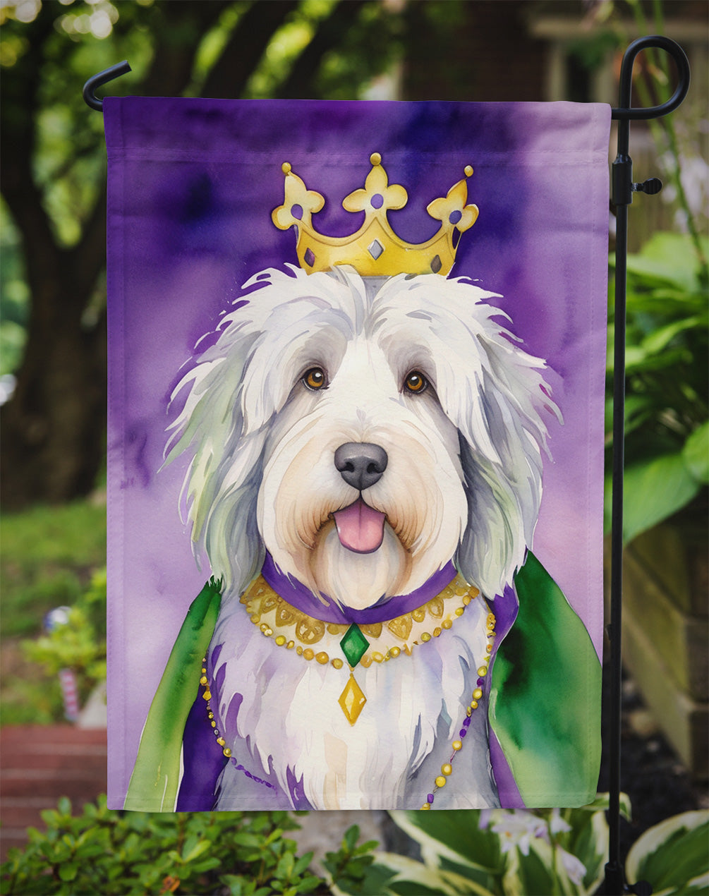 Old English Sheepdog King of Mardi Gras Garden Flag