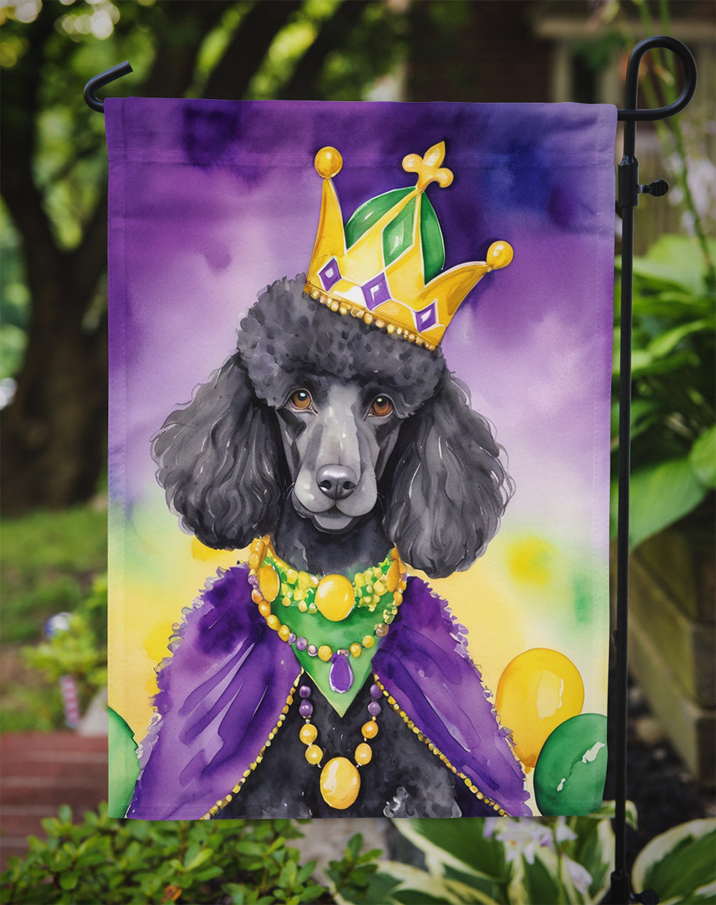 Black Poodle King of Mardi Gras Garden Flag