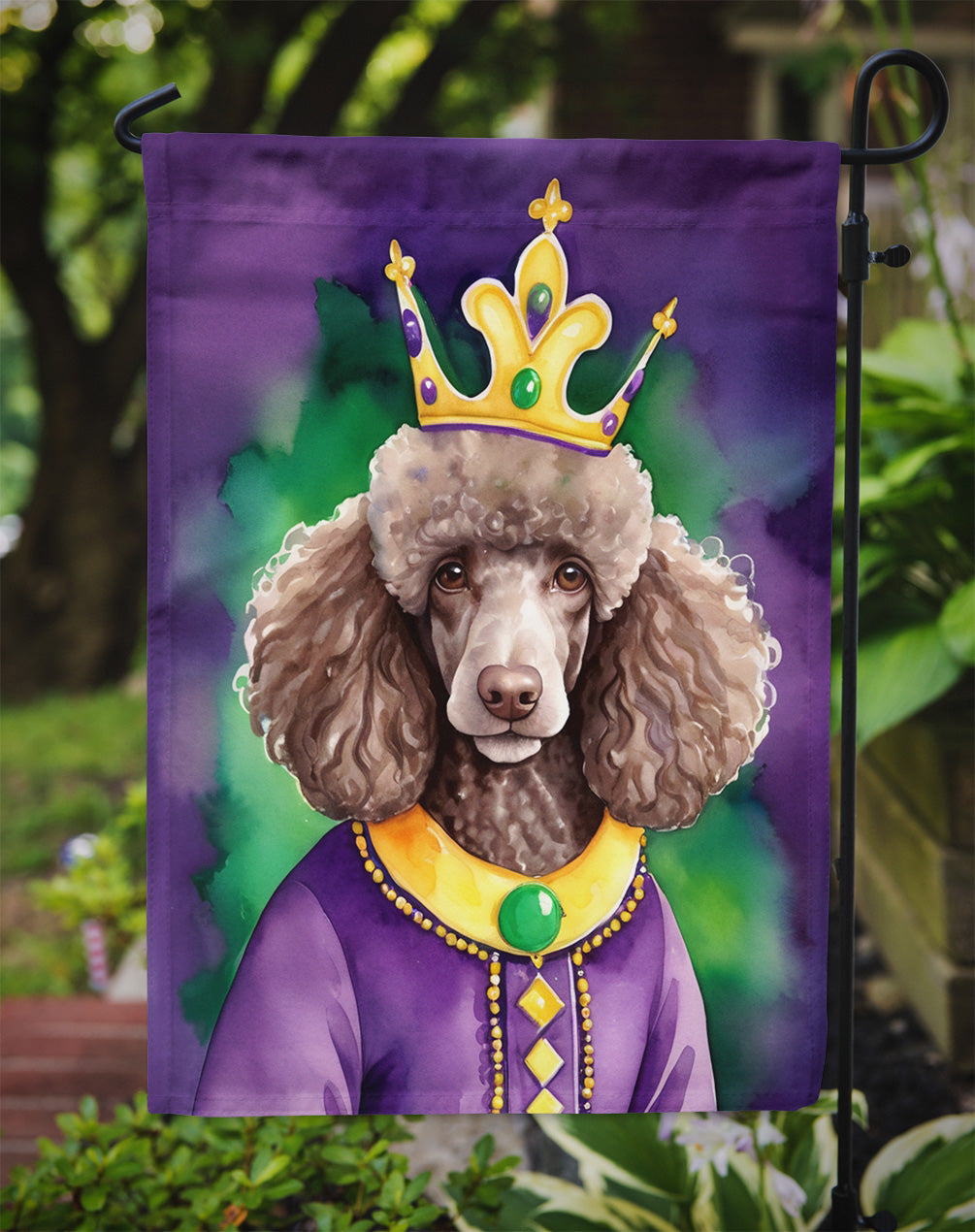 Chocolate Poodle King of Mardi Gras Garden Flag