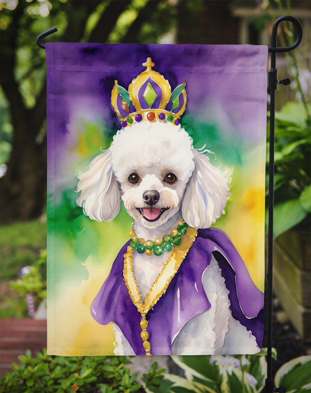 White Poodle King of Mardi Gras Garden Flag