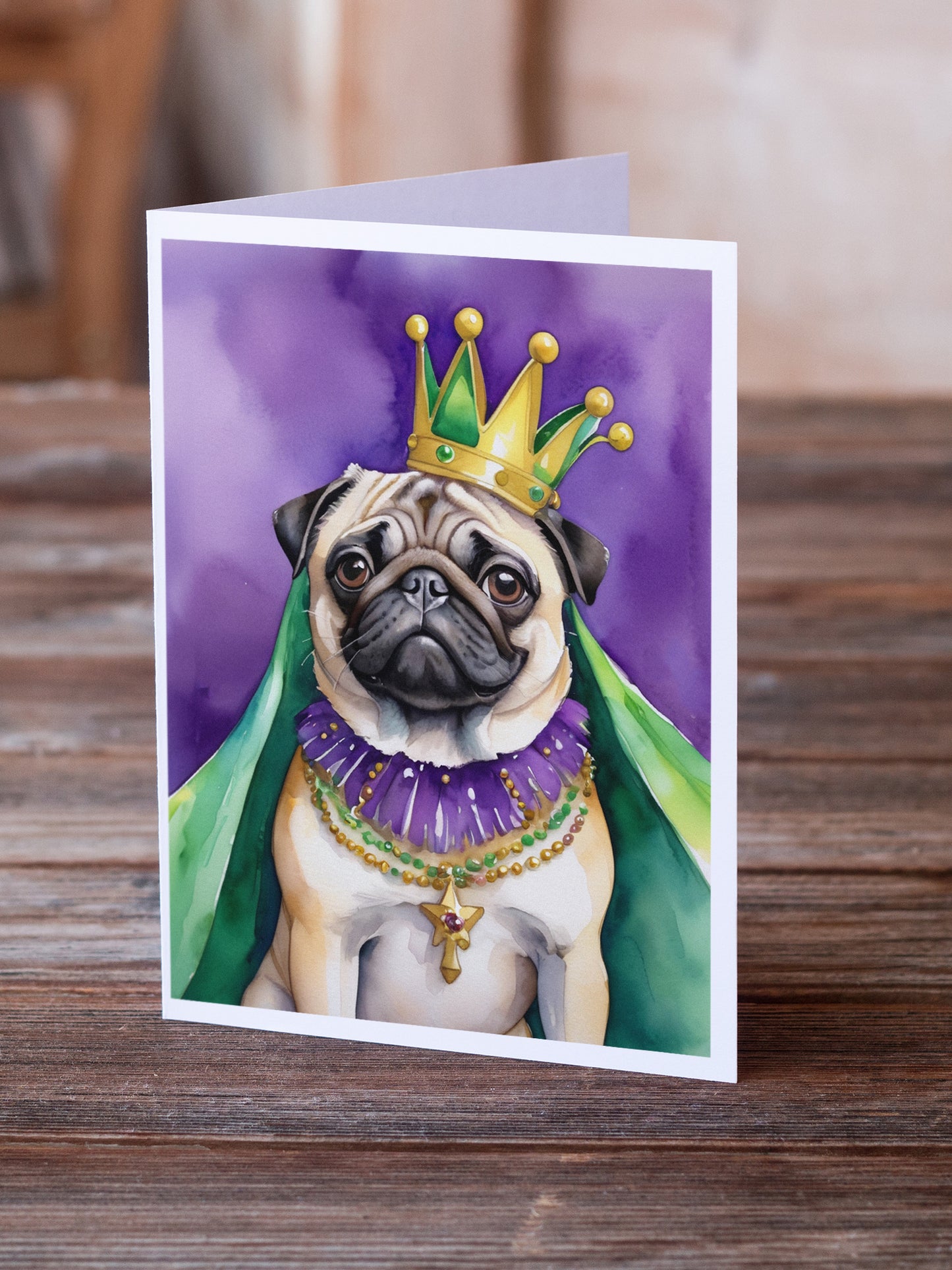 Pug King of Mardi Gras Greeting Cards Pack of 8