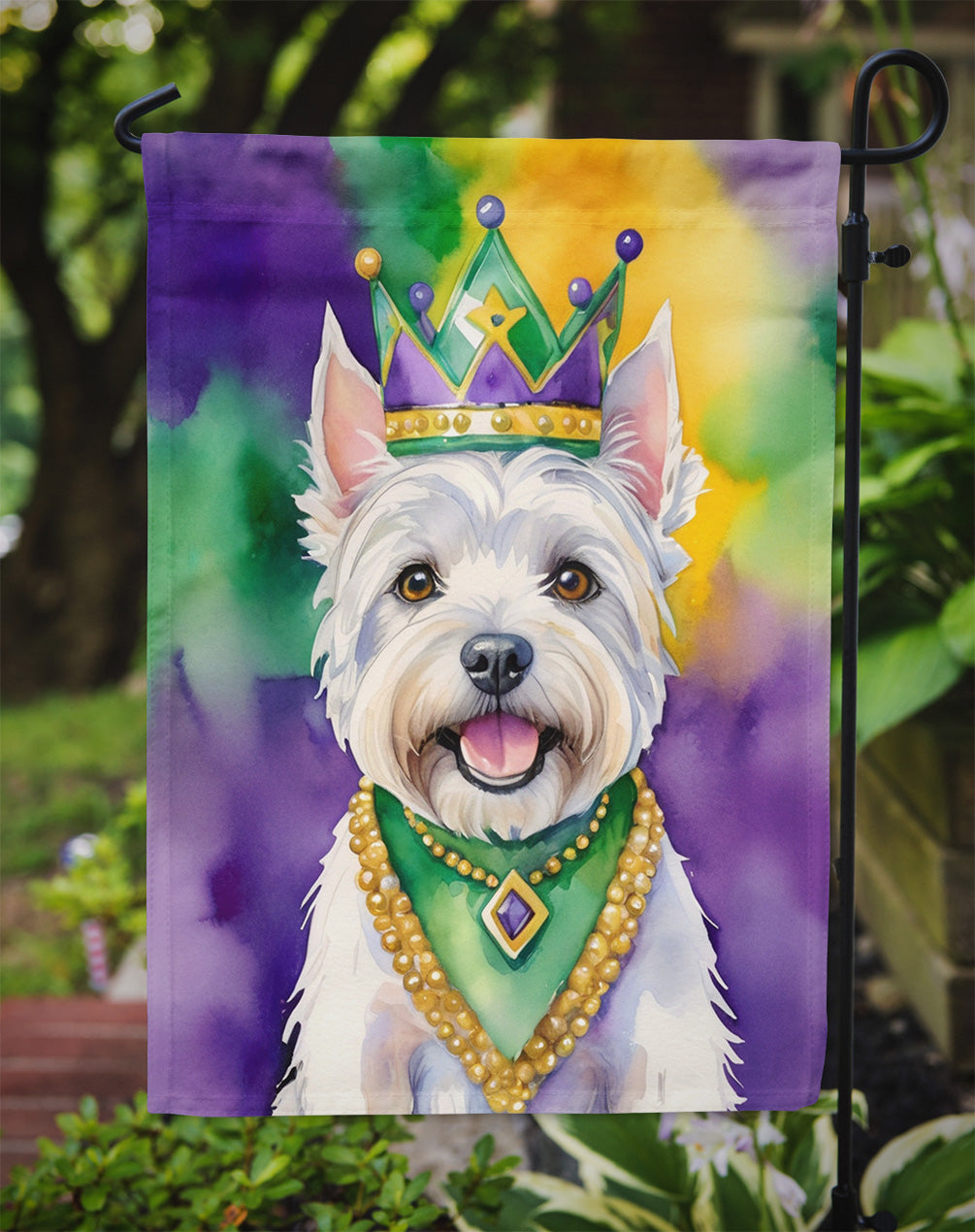 Westie King of Mardi Gras Garden Flag